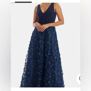 Floor Length Eliza J Embellished Navy Formal Gown with Floral Applique Accents